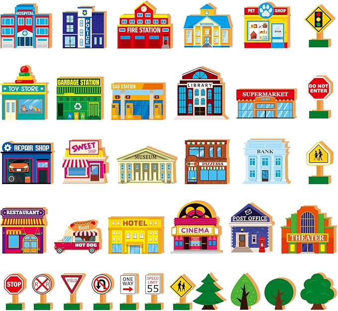 Blosssound 35 Pcs Wooden Town Building Play Toys for Kids City Street Traffic Signs Multicultural Community Block Train Track Accessories Preschool Classroom Educational Supplies Birthday Gifts