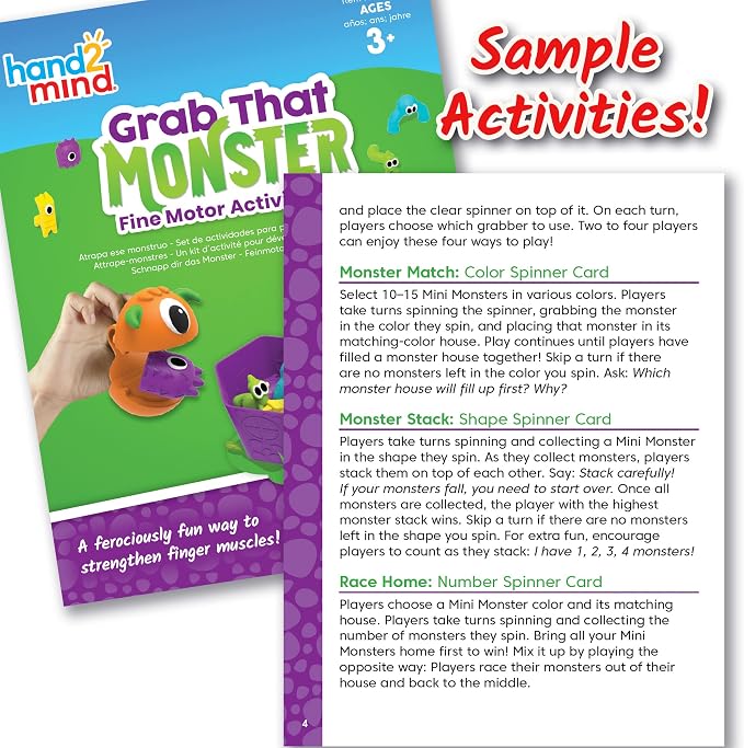 hand2mind Grab that Monster Fine Motor Activity Set, Ages 3+ | Occupational Therapy Toys, Fine Motor Skills Toys for Toddlers, play Therapy Games for Kids, Preschool Learning Activities