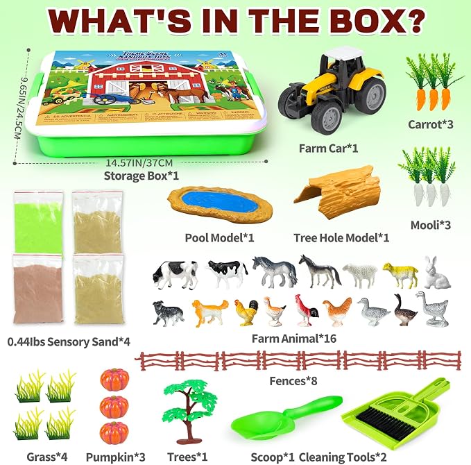 59 Pcs Farm Sensory Bin, Sensory Bins Farm Toys for Kids 3-5 6 7 Sand Toys | Farm Sand Box Kits with Sandbox & Farm Animals & Tractor Toy Playset, Magic Sand Toys for Boys Girls Birthday Gift 3-5 6 7 8