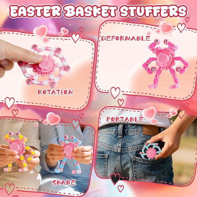 24PCS Pink Transformable Fidget Spinners,Sensory Bulk Robot Fidget Stress Relief Toys for Girls,Bulk Sensory Fidget Stress Relief Toys for Girls
