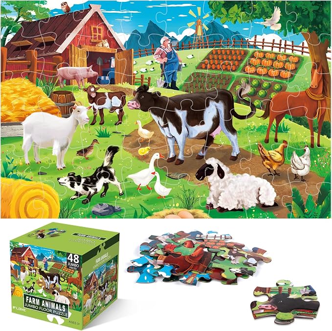 Jumbo Floor Puzzle for Kids,48 Piece Farm Animal Jigsaw Puzzle Ages 3-8 | Barn Puzzle,Extra-thick Cardboard,Preschool Learning Toy,35x24 in Completed,Children Educational Gift for Boys and Girls