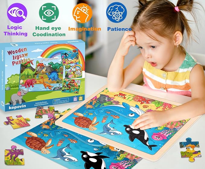 Wooden Puzzles for Kids Ages 3-5 4-6, 24 Piece Animals Puzzles Wooden Toys | 4 Pack Montessori Toddler Jigsaw Puzzles for Girl boy 3 4 5 6 Years Old,Preschool Learning Educational Birthday Gift Travel