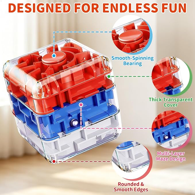 Infowush 2-in-1 Fidget Spinners Maze Cube - Fidget Toys for Kids & Adults | 3x5 Cube, Stress Relief Sensory 3D Brain Teaser Puzzle Cube, Board Game, Travel Toy, Birthday Gift for Boys Girls Ages 3 & Up