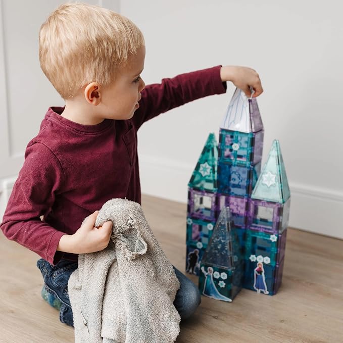 Tytan Toys Disney Frozen Magnetic Tiles Princess Castle - 68-Piece STEAM Building Set with Glitter Tiles & Elsa, Anna, Olaf Stickers - Educational Frozen Toys for Girls Age 3-4+