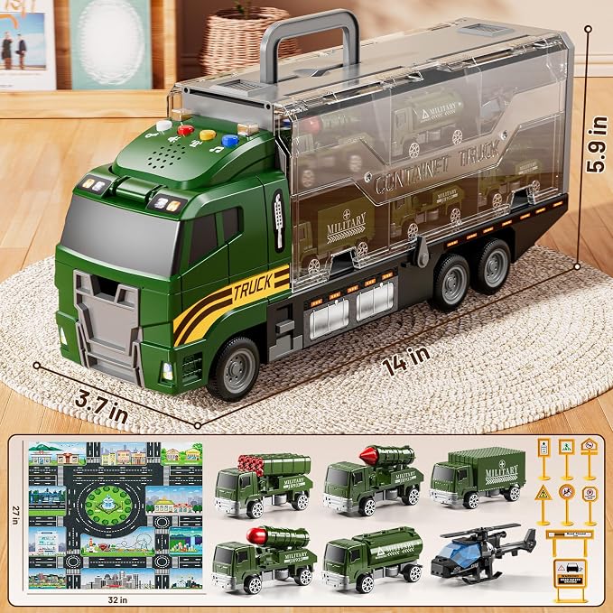 Carrier Truck Toddlers Toys for 3 4 5 6 7 Years Old Boys, Toy Truck Transport Car & Die-Cast Car and Play Mat, Military Toys Birthday Gifts for Kids 3 4 5 6 7 8+ Years Old Boys Girls