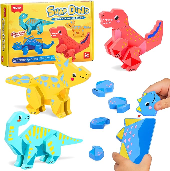 JoyCat Magnetic Wooden Dinosaur Building Toys for Toddlers 1-3 | Set of 4 Build and Take Apart Dinosaurs, Montessori STEM Fine Motor Toy, Gifts for Boys and Girls