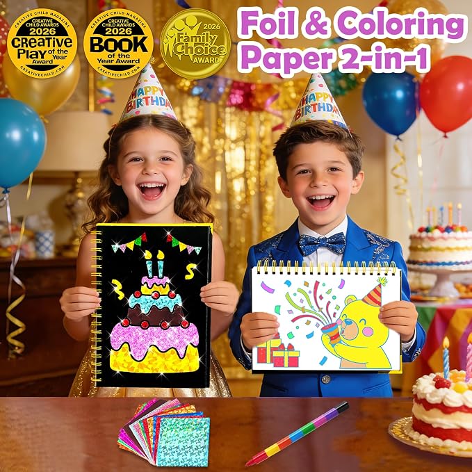 FUNNYB&G Foil Art Craft Kit for Kids, Sparkly Birthday Gift Toy for Kids | No Mess, Kids Ages 4-10 Create Sparkling Artwork, A Creative Gift for Birthdays, Holidays, Travel Activities,Screen-Free Fun