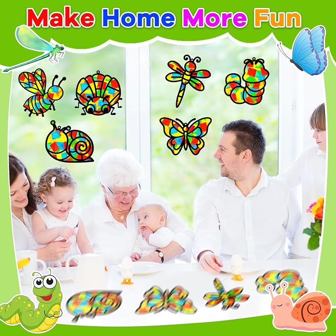 Lonfliness 32 Sets Spring Bug Suncatchers Craft Kit DIY Insect Window Stained Glass Effect Paper Butterfly Bee Home School Classroom Decoration Summer Art Creative Activity Project Gift Favor