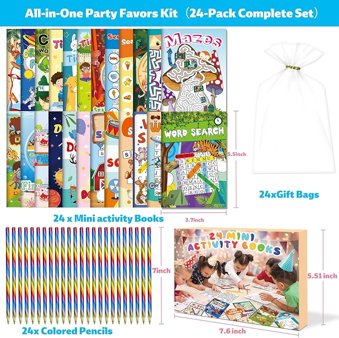 Kalysky 24 Activity Books with Colored Pencils for Kids 4-8 8-12 PartyFavor | Bulk Mini Puzzle Books,Birthday Party Goodie Bags, Classroom Prizes, Return Gifts, Fun Puzzle Activities for kids