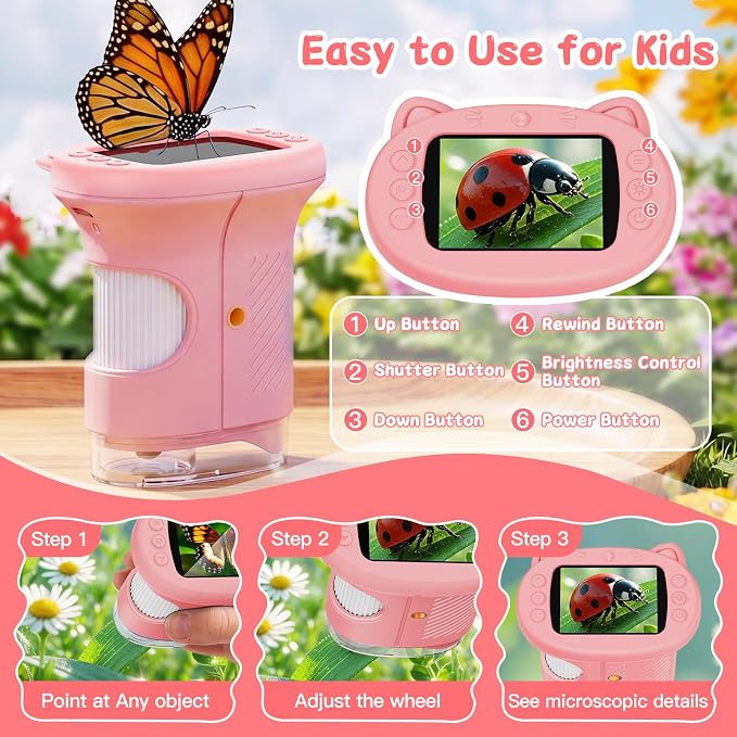 1000X Handheld Digital Microscope for Kids (Pink) | 4K HD 2.4" Screen, 200–1000X Magnification, Portable Kids Microscope, Educational STEM Toy, Gifts for Boys and Girls Age 5–12