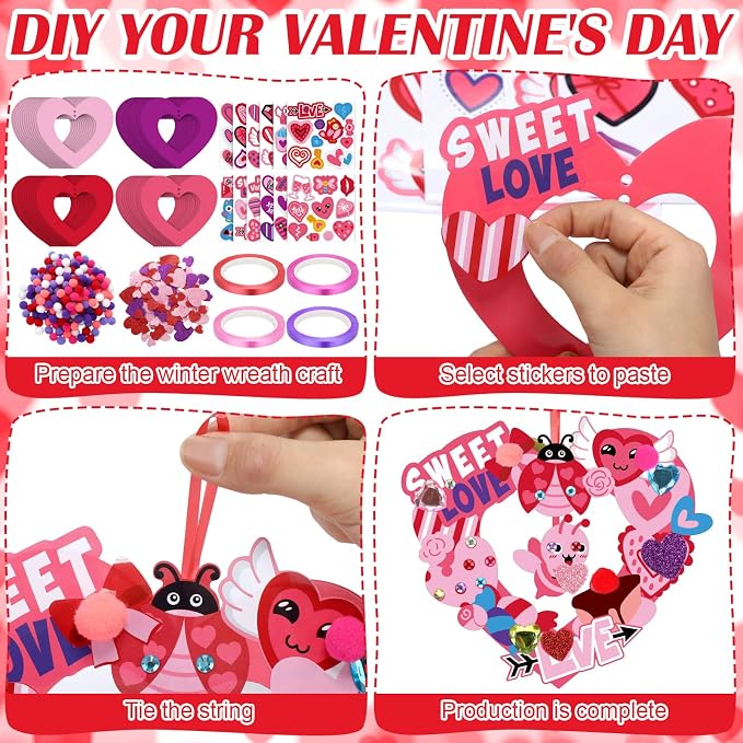 Hollowfly 48-Set Valentine's Day Wreath Craft Kit, 8 Paper Designs | Heart, Bird and Envelope Stickers, 5.91 in Make-and-Hang Wreaths, DIY Crafts for Home and Valentine Party Activities