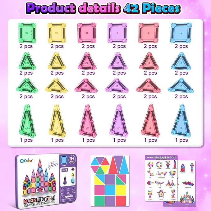 Mini Magnetic Tiles Set with Iron Box , Travel STEM Toys for Toddlers 3+ | Montessori Sensory Toy For 3-8 Kids, Travel Essentials Magnet Blocks, Great Gift For 3-5 Boys & Girls, Classroom Must Have