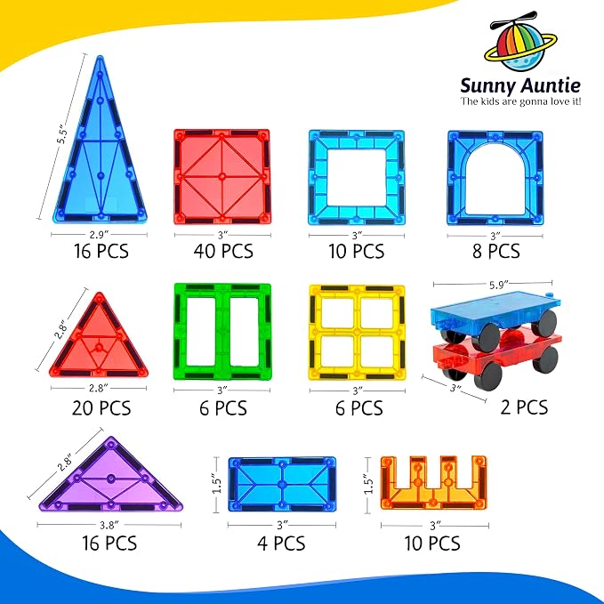 SUNNY AUNTIE Magnetic Tiles STEM Toys Building Set, Ages 3+ - 138 Pieces | Magnetic Tiles Building Toys, STEM Toys, Magnetic Blocks Construction Set, with 2 Cars & Guide Booklet for Kids Ages 3+