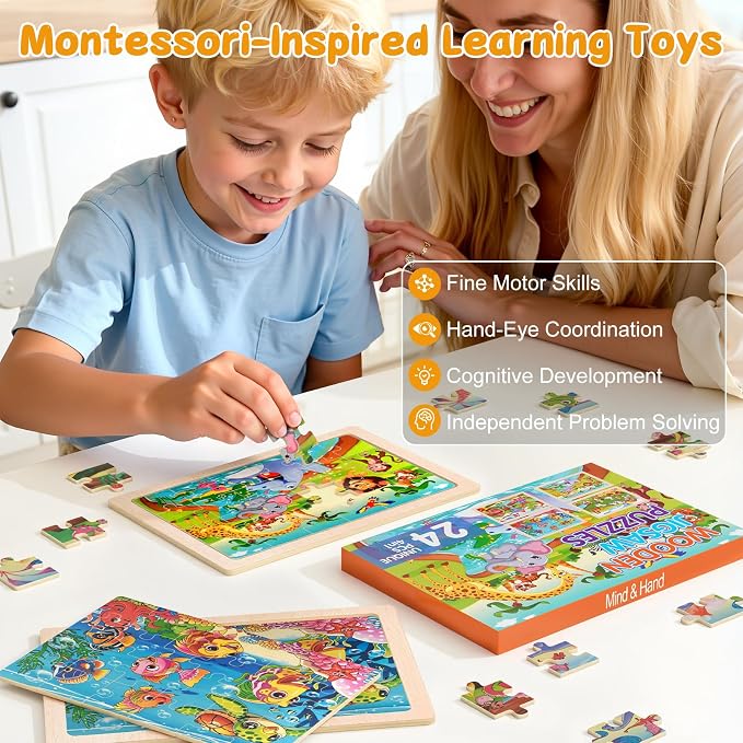 4 Pack Wooden Animal Jigsaw Puzzles for Kids Toddler Puzzles Gift | Sensory Toys, Preschool Educational Toys, Toddler Puzzles Gift Boys Girls