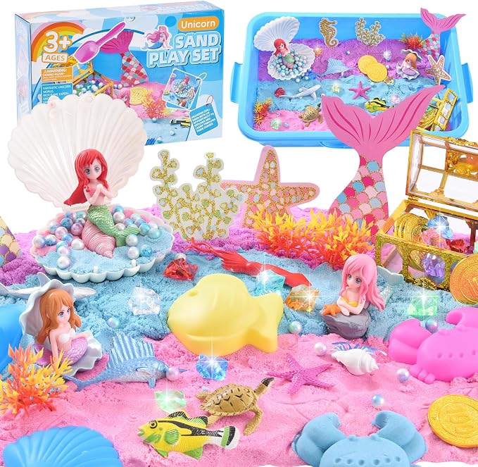 Volmop Sensory Bin for Girl, Play Sand Art Kit with Sandbox, 3.3lb Color Sand, Mermaid Tactile Sensory, Christmas Birthday Gift for Girl Toddler Ages 3-8