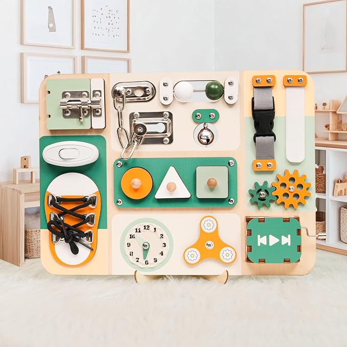 Montessori Busy Board for Baby & Toddlers 1-3 | Wooden Sensory Activity Board with 13 Activities, Real Metal Locks & Latches | Fine Motor Skills Educational Toy for 1 2 3 Year Old