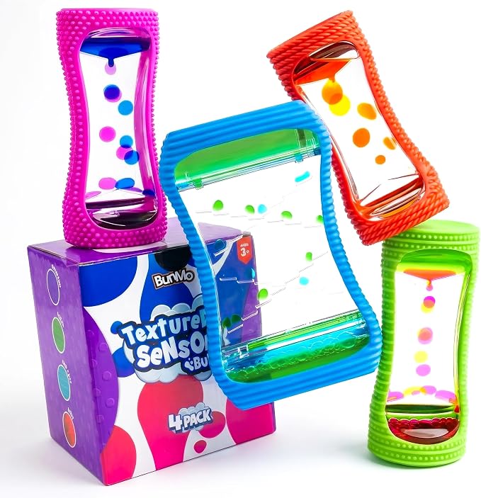 BUNMO Liquid Motion Bubbler Large Sensory Toy for Kids & Adults 4 Pack – Gentle Fidget Toy – Stimulating Visual Sensory Experience – Colorful Bubble Fidget Timer for Desk & Travel