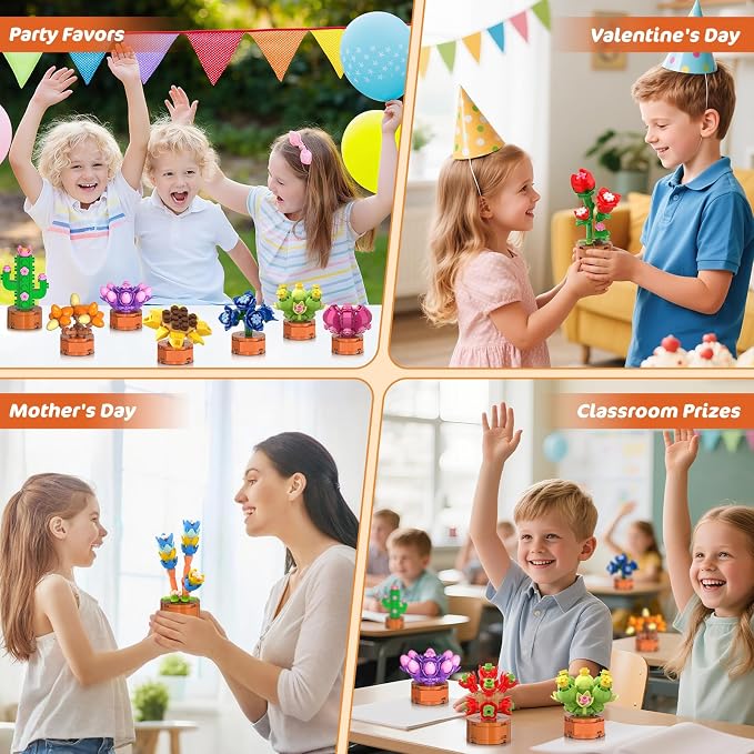 24 Pack Flowers Succulents Party Favors for Kids 6+ Mini Building Toys Sets | 1012PCS Botanical Bonsai 3.6mm Blocks for Classroom Prizes Goodie Bags Filler Stocking Stuffers, Birthday Gift for Girls Boys