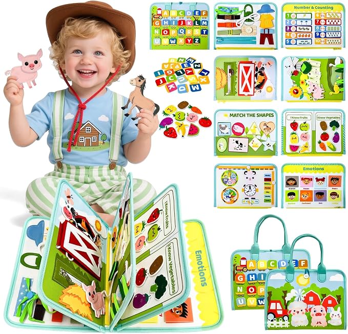 Aurasys Farm Busy Book Montessori Travel Toy for Toddlers | Educational Learning Activity Busy Board for Boys and Girls, Airplane Travel Toy and Birthday Gift