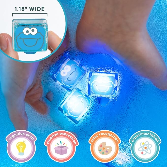 Glo Pals Play Pack Bundle, Jar, Light Up Cubes & Fillers, Cookie Monster | Sesame Street Character Water-Activated Bath Toy Cubes Glow Blue, Light-Up Sensory Jar, Themed Fun Fillers