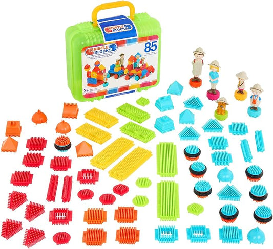 Battat Bristle Blocks Safari Adventure Carrying Case, 85-Piece Set, Playset | Interlocking building blocks with toy characters, a little dog, and reusable carry case for storage and travel, 2+ Years
