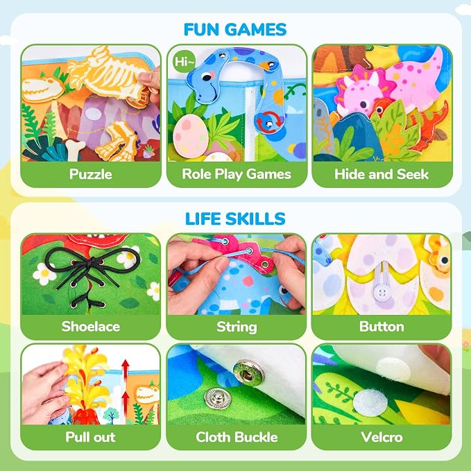 JoyCat Dinosaur Busy Book for Toddlers 2-5, Montessori Quiet Activity Toy | Dinosaur busy book with life skills activities helps toddlers practice fine motor skills and enjoy quiet travel play.