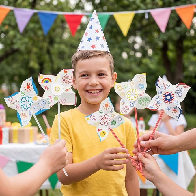 110pcs Summer Activities for Kids – DIY Paper Pinwheels Crafts, Blanks White Windmill Kits Bulk for 4th of July, Classroom Party, Back to School, Easter, Spring Art Projects