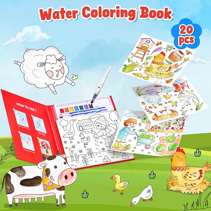 JoyCat Paint with Water Coloring Books for Toddlers (Farm) | Watercolor Painting Set for Kids Ages 3-5 & 4-8, Arts & Crafts Drawing Activity Travel Toy, Birthday Gifts for Boys & Girls