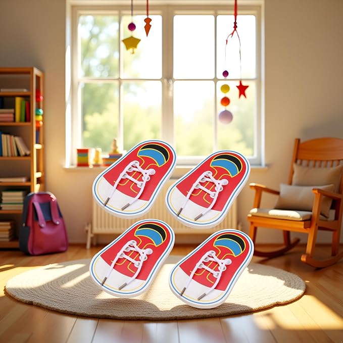 Jinshining 4 Pcs Shoes Learning Toy Kits Learn to Tie Your Own for Kids Practical Learning Toys for Young Children Training Board Kids Toddler Early Wooden Threading Lacing Shoes Craft Kits