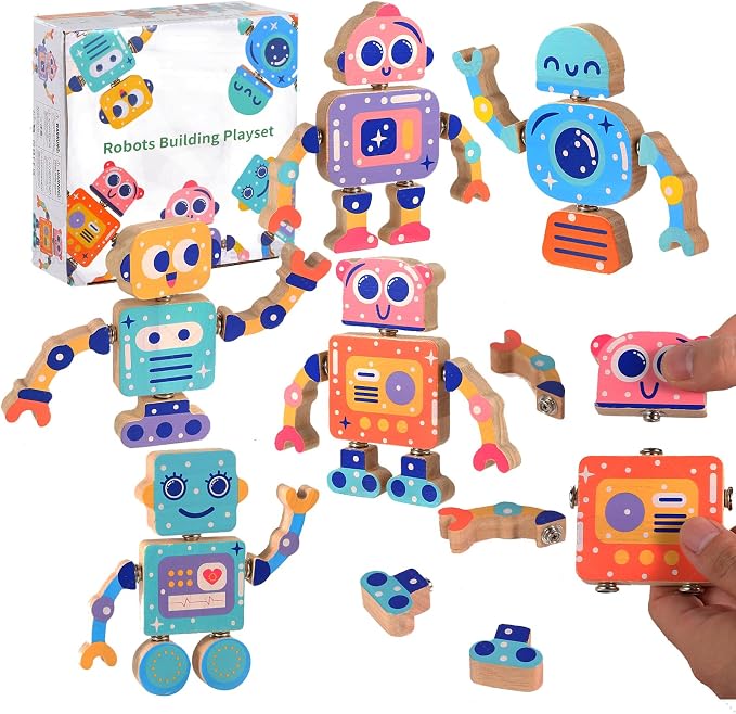 Wooden Snap Together Building Toys, Robot Building Toys for Kids Ages 3-5 | 28-Piece Building Set • Open-Ended Play • Fine Motor Skills • Creative Construction
