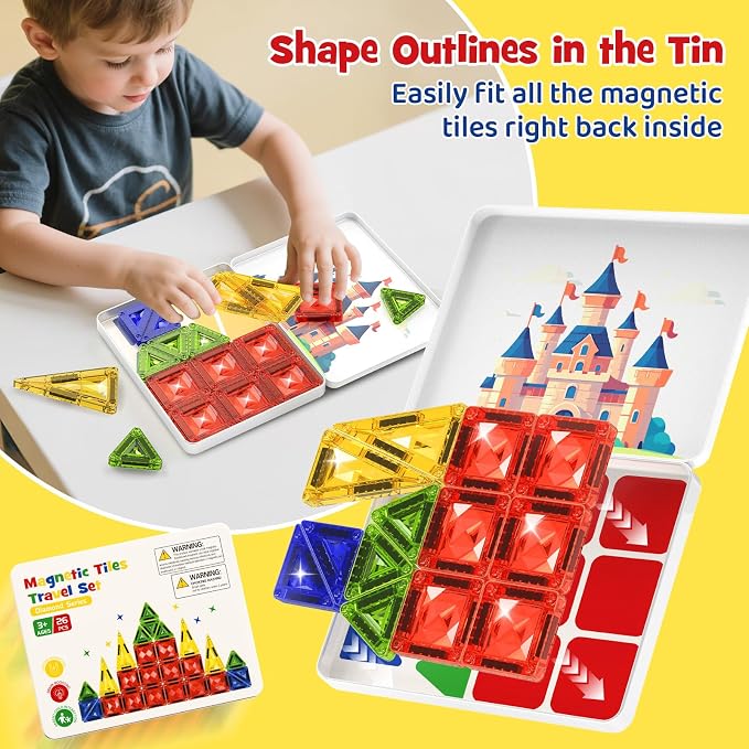 WMXDU Mini Magnetic Tiles Kit: 30-Second Cleanup, 0 Lost Parts | Tin Case Becomes Play Surface 26-Piece Princess Set for Girls 3-8 Wherever the Day Takes You