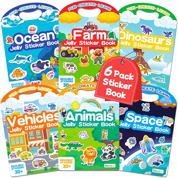 6 Pack Jelly Sticker Books for Toddlers, Reusable Sticker Books for Kids 3-6, Quiet Book for Ages 3+ Kids, Perfect Holiday & Birthday Gifts for Boys & Girls