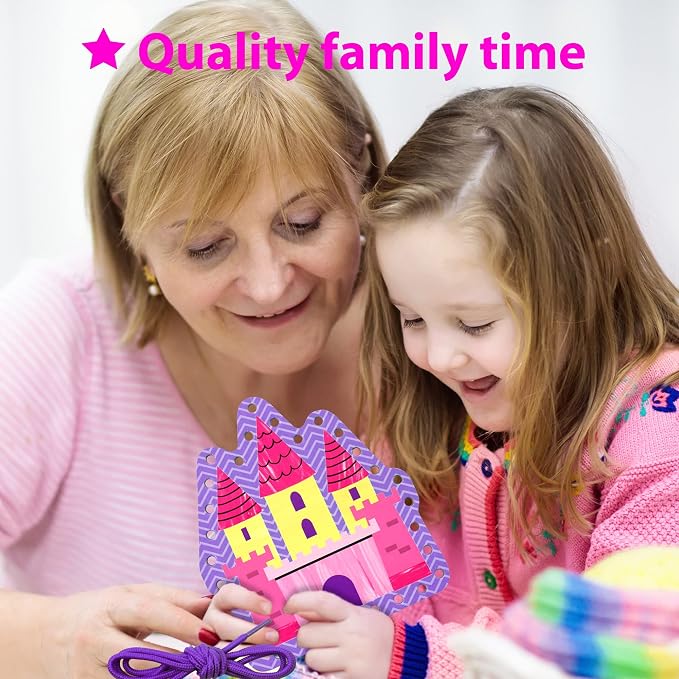 KRAFUN Princess, Unicorn & Mermaid Lacing Cards Age 3+ | 10 Projects | 10 princess, unicorn & mermaid cards. Castle, Fairy, Crown, Seahorse & Starfish. Builds fine motor skills in girls