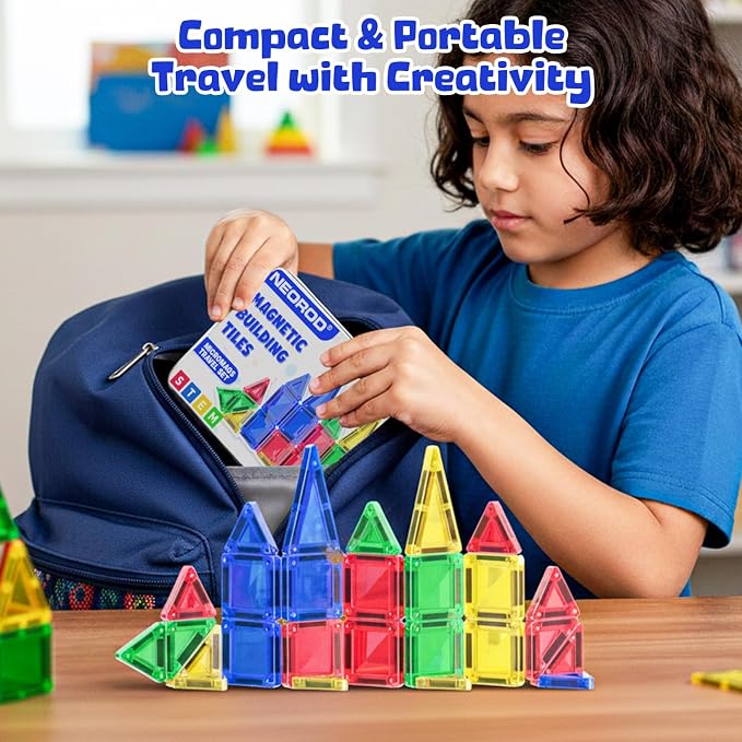 NEOROD Mini Magnetic Tiles, STEM Travel Building Blocks for Kids 3-8 | 26 pcs compact magnet toys with metal box, ABS smooth rounded corners, fine motor & color sorting, road trip essentials