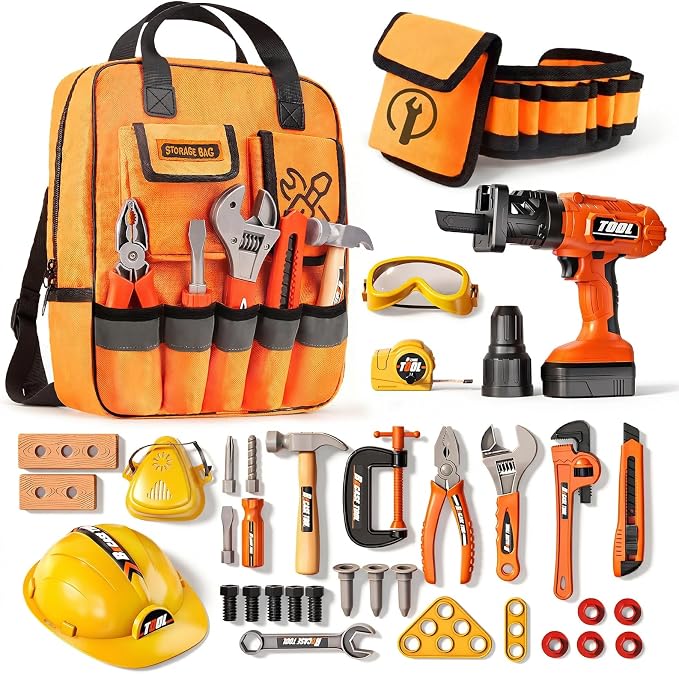 Eohemeral 36Pcs Kids Tool Set with Belt & Electronic Drill | Toddler Construction Toys for Boys Girls 3-5, Sturdy Tool Bag Suitable for Outdoor Use