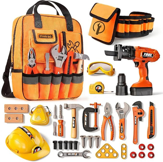 Eohemeral 36Pcs Kids Tool Set with Belt & Electronic Drill | Toddler Construction Toys for Boys Girls 3-5, Sturdy Tool Bag Suitable for Outdoor Use