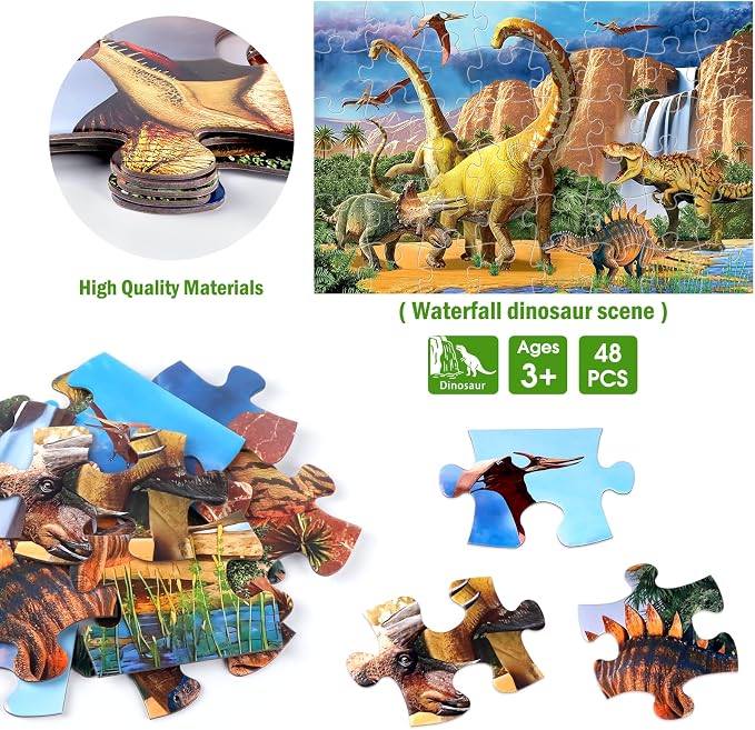 Jumbo Floor Puzzle for Kids,48 Piece Waterfall Dinosaur Jigsaw Puzzle | Thick Cardboard Waterfall Dinosaur Puzzle for Preschool Learning, Ages 3-8,35x24 in Completed,Gift for Boys and Girls