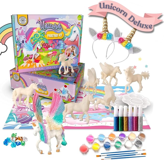 Deluxe Unicorn Painting Kit for Girls - STEM Certified Unicorn Craft for Girls Ages 4-6 & up- Paint Your Own Arts and Crafts Includes 2 DIY Headbands & 8 Kids Painting Crafts for Fun Screen-Free Play