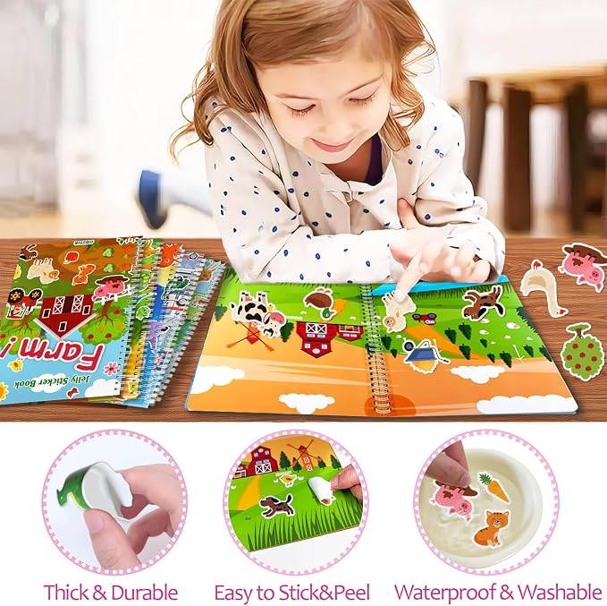 Reusable Sticker Book for Kids 1-3, Jelly Sticker Books for Toddlers 2-4 Years, Toddler Easter Basket Stuffers＆Travel Essentials Farm Stickers for Kids Toddler Plane Activities (Farm)