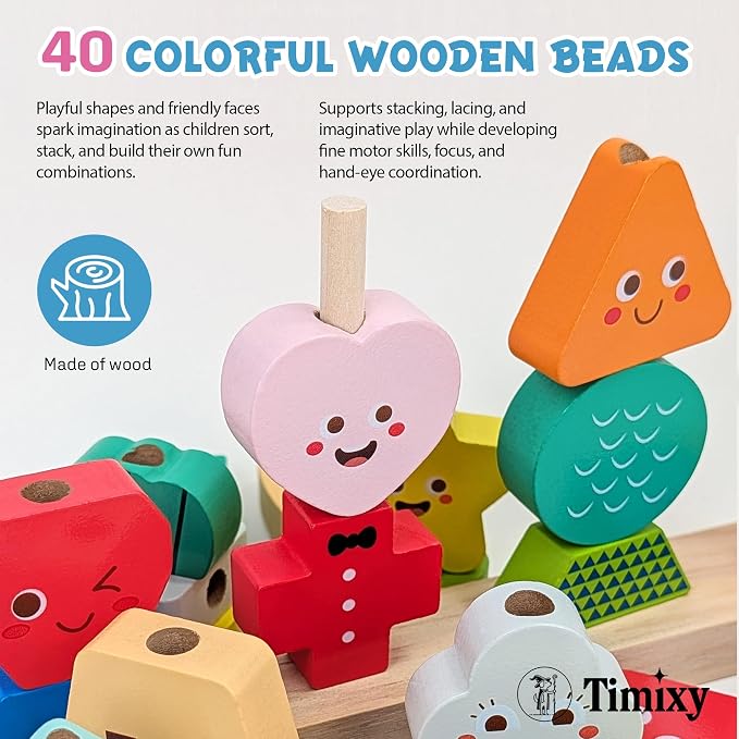 Montessori Wooden Stacking Lacing Beads Toy, STEM Sequencing Ages 3+