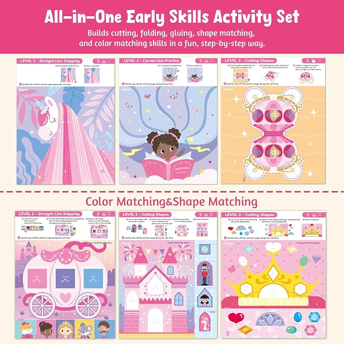 JoyCat Scissor Skills Activity Kit, Toddler Scissors Ages 3-5, Princess | Preschool workbook with 34 princess activities, scissors for kids and glue for creative toddler arts and crafts.
