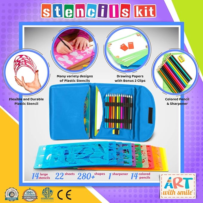Drawing Stencils Set for Kids (55 Piece) - Arts and Crafts Set for Girls & Boys - Christmas & Birthday Gifts for Kids 4 5 6 7 8 9+ Year Old - Ideal Creativity Kit & Travel Activity with 300+ Shapes