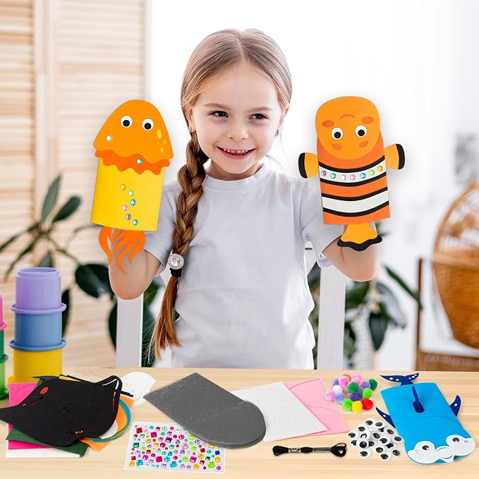 WATINC Hand Puppet Making Kit, Felt Sock Puppet Toys for Kids (Ocean) | 6 Styles, Make Your Own Storytelling & Role Play Crafts, Creative Group Activity, Party Favors & Gifts for Kids Ages 4-8