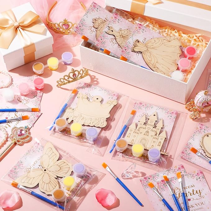Saypacck 24 Pcs Princess Party Favors Wooden Paint Craft Kits | Organza Bags for Goodie Fillers, Princess Games Activities, Party Decorations, 8 Designs Include Paints and Paintbrush