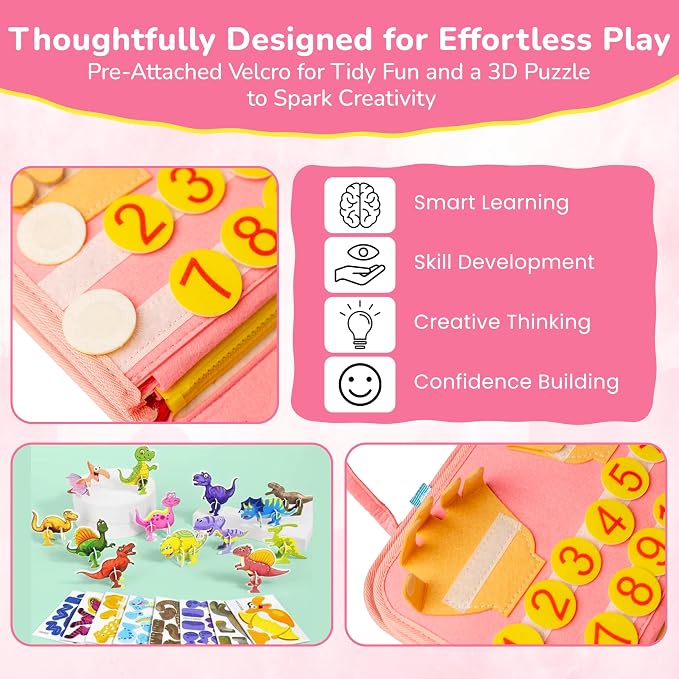 Solens Busy Book for Toddlers, Montessori Busy Board with 25+ Activities on 8 Pages and 3D Assorted Puzzles, Felt Activity Book with Numbers, Colors, Daily Life and Fine Motor Learning, Pink (Pink)