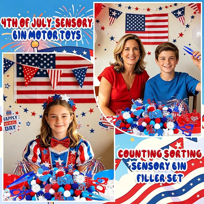 361Pcs Independence Day Sensory Bin Filler Independence Day Fine Motor Bin Item Includes Tweezers Scissor Pom Poms Stars Hearts Resin for 4th of July Counting Decor Motor Skills Development
