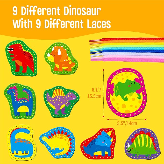 SpriteGru 9 Pieces Kids Lacing Cards, Double Sided Sewing Cards in 9 Dinosaurs with 9 Colorful Laces, Imagination Development Lacing Toys Games for Children Educational and Learning Activity