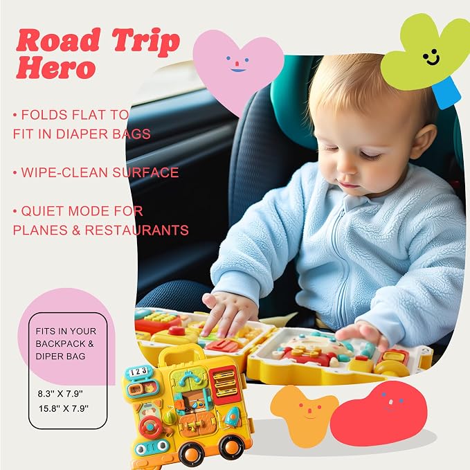 Busy Board for Toddlers 1-3, Musical Travel Activity Toys | Portable Montessori Activity Board with Lights & Music, Fine Motor Skills, Educational Developmental Toys Indoor, Outdoor