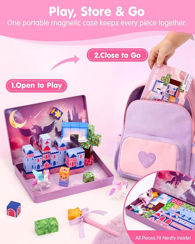 hahaland Unicorn Magnetic Blocks Travel Set Toy for Kids Ages 3-8, 50 Pcs | Includes Portable Magnetic Case, 2 Unicorn Figures, Magnetic Wand, 46 Pcs Mini Magnetic Cubes, Castle STEM Building Toy
