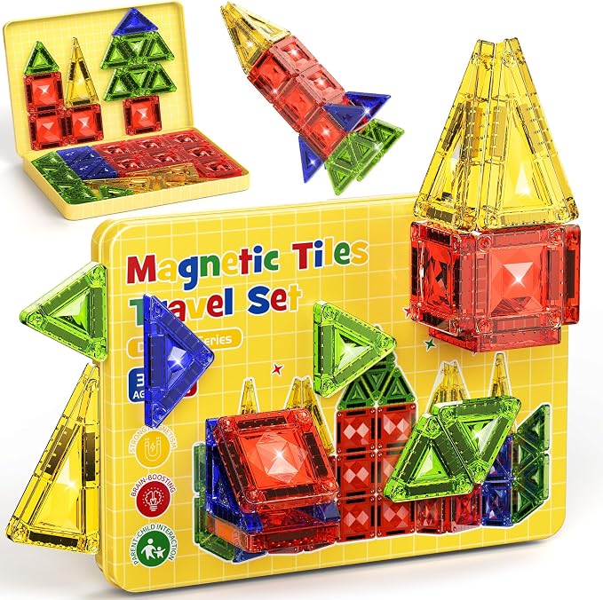 40PCS Magnetic Tiles Travel Storage Diamond Blocks 10% Thicker 3+ | Magnetic tiles with diamond texture & yellow box. Great for travel, car rides, Montessori play & on-the-go fun